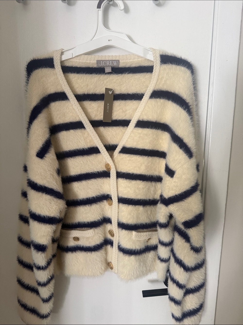 J.Crew Cream and Navy Striped V-Neck Brushed Cardigan Sweater - Women - Picture 2 of 4